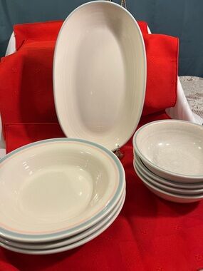 Cream Stoneware Serving Bowl Set with Blue and Pink Trim pfaltzgraff Aura patte